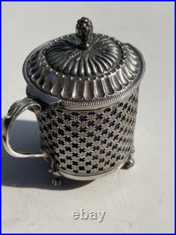 Rare Moutardier En Argent Massif Poincon 1 Er Coq Province 1798 Et Verre Bleu