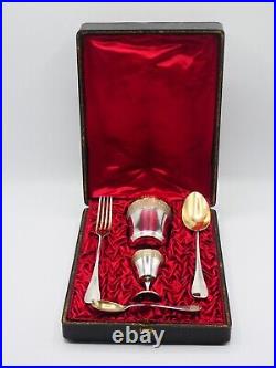 Rare Necessaire De Bapteme 5 Pieces En Argent Massif Et Vermeil Poincon Minerve