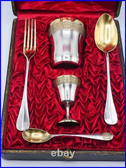 Rare Necessaire De Bapteme 5 Pieces En Argent Massif Et Vermeil Poincon Minerve
