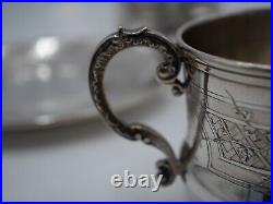 Rare Paire Tasses A The + Sous Tasse Argent Massif Poincon Minerve Art Nouveau