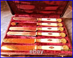 Six Couteaux A Fruits Lame En Vermeil Manche Nacre Poincon Vieillard
