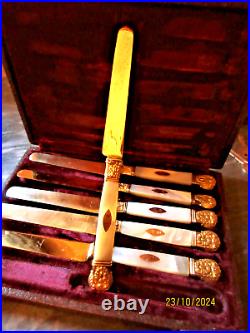 Six Couteaux A Fruits Lame En Vermeil Manche Nacre Poincon Vieillard
