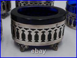 Suite De 6 Salerons En Argent Massif Poincon Minerve Interieurs Verre Bleu