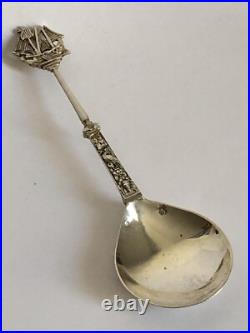 Superbe ancienne CUILLERE décor BATEAU VOILIER en ARGENT poinçons PAYS BAS 1917
