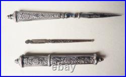 Tube aiguille de couture + aiguille + poinçon ARGENT massif silver needle case Tube aiguille de couture + aiguille + poinçon ARGENT massif silver needle case