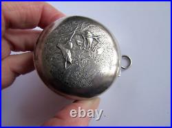 XIX Pendentif Poudrier de sac poche Décor Oiseaux Argent Massif 6 poinçons